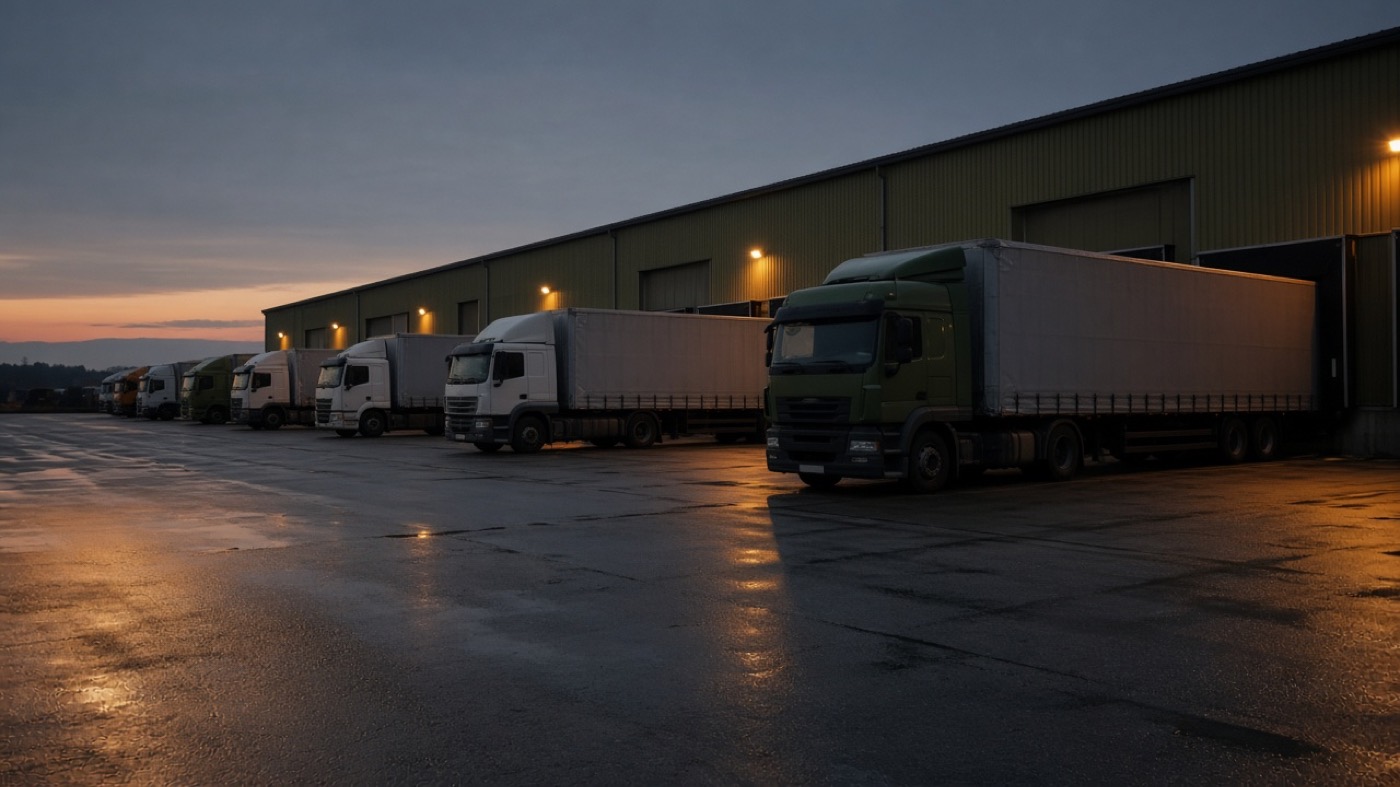 Curtain-side trucks parked at dawn beside a low warehouse