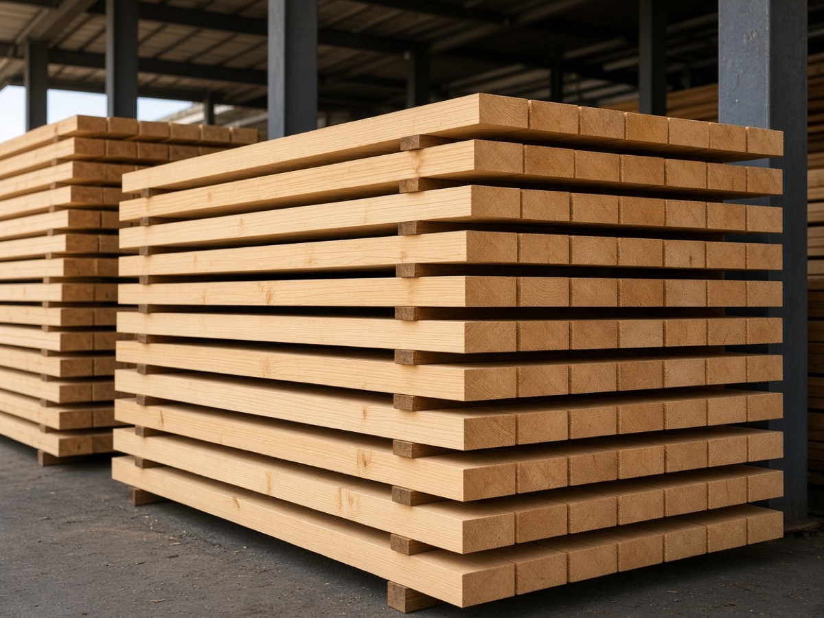Stacked planed pine boards with visible grain in a covered yard bay