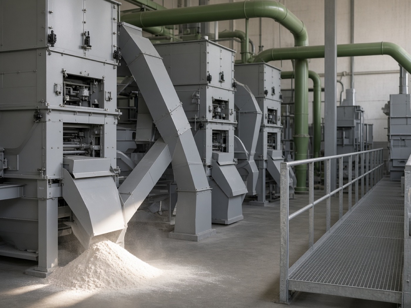 Roller mills and enclosed chutes inside a clean flour mill