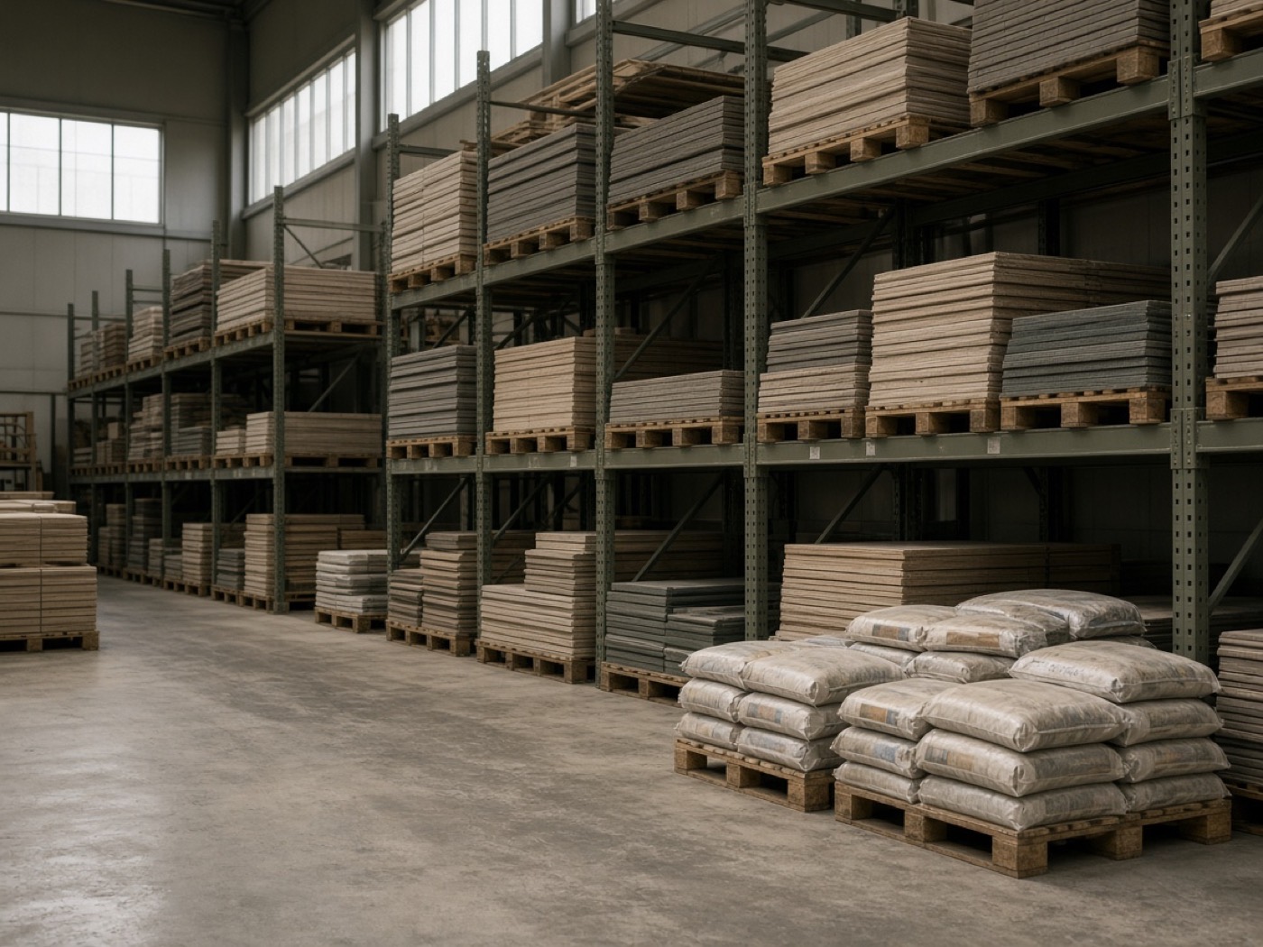 Steel racks of sheet goods and bagged mixes in a materials warehouse